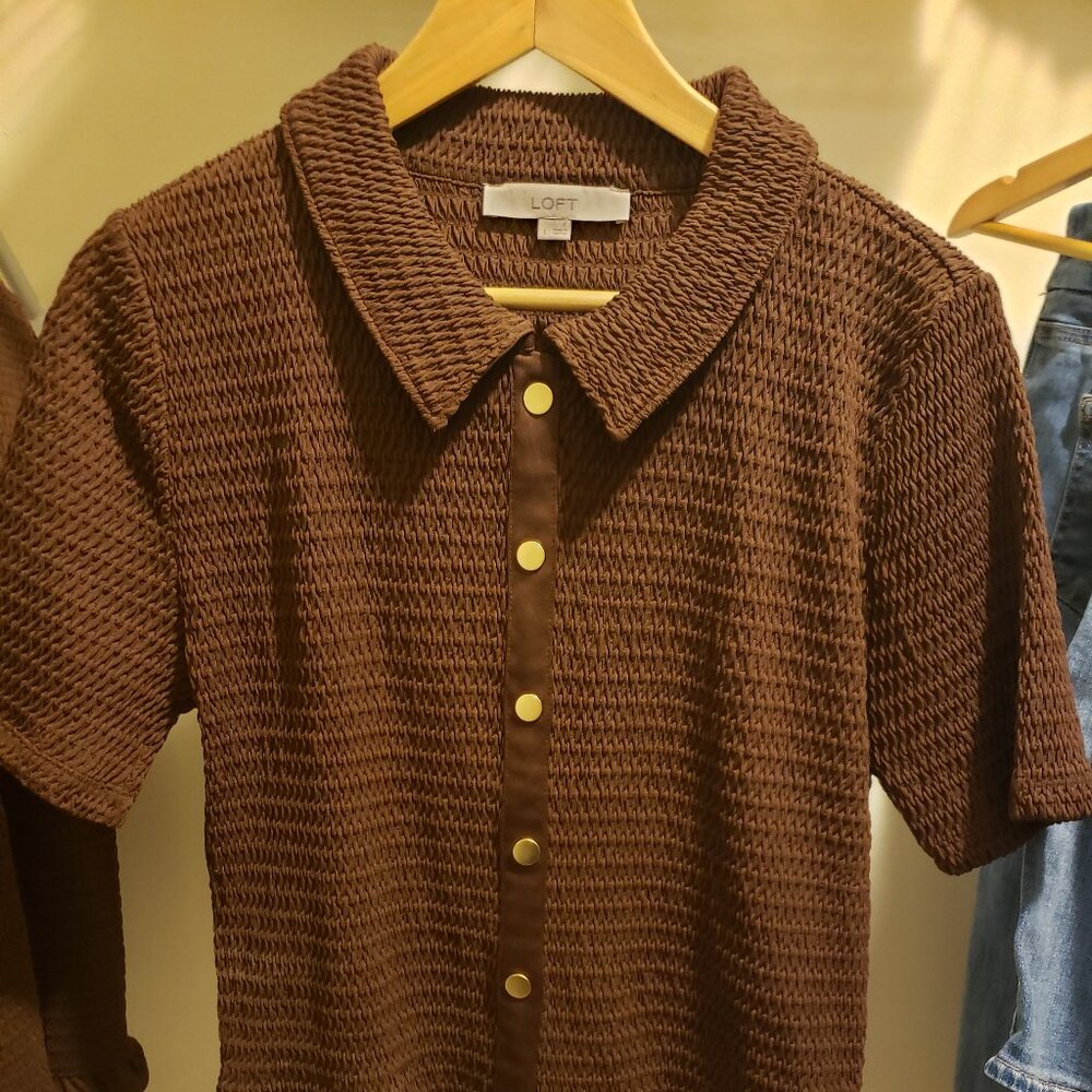Ann Taylor Loft Smocked Ruffle Hem Shirt - Brown